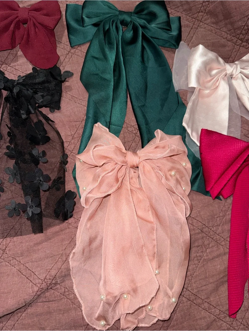 7 Mixed Satin & Lace Hair Bows - Assorted Colors